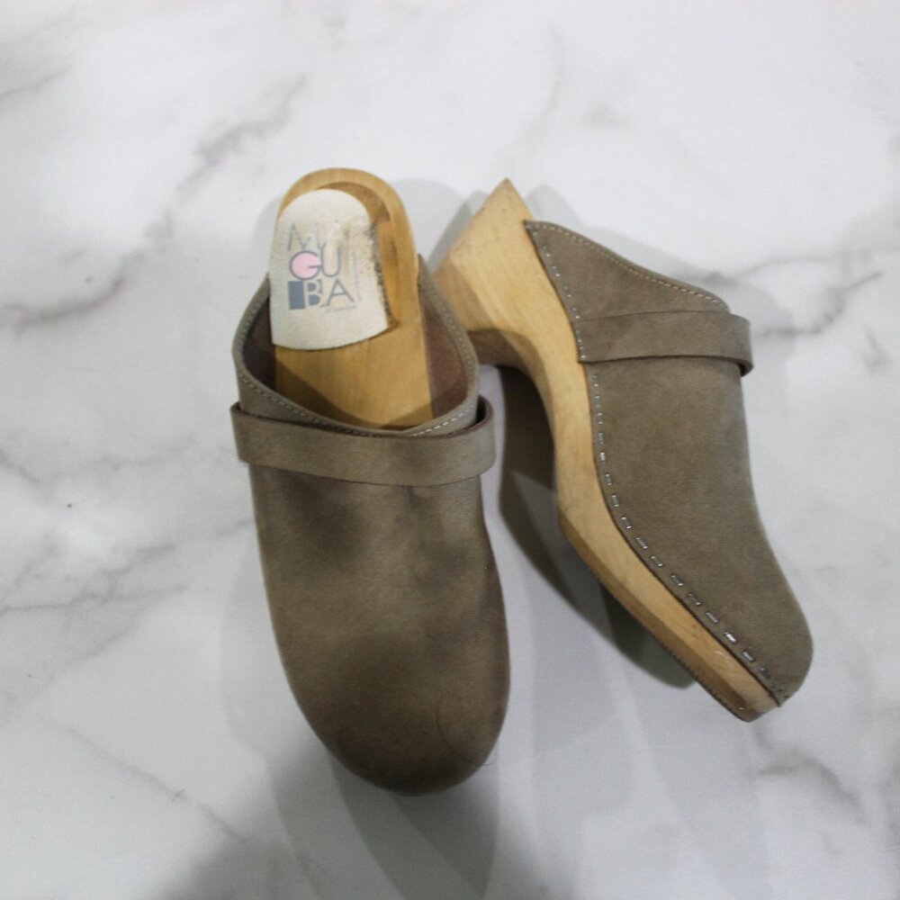 Maguba Tan Suede Leather Wooden Clogs sz 39